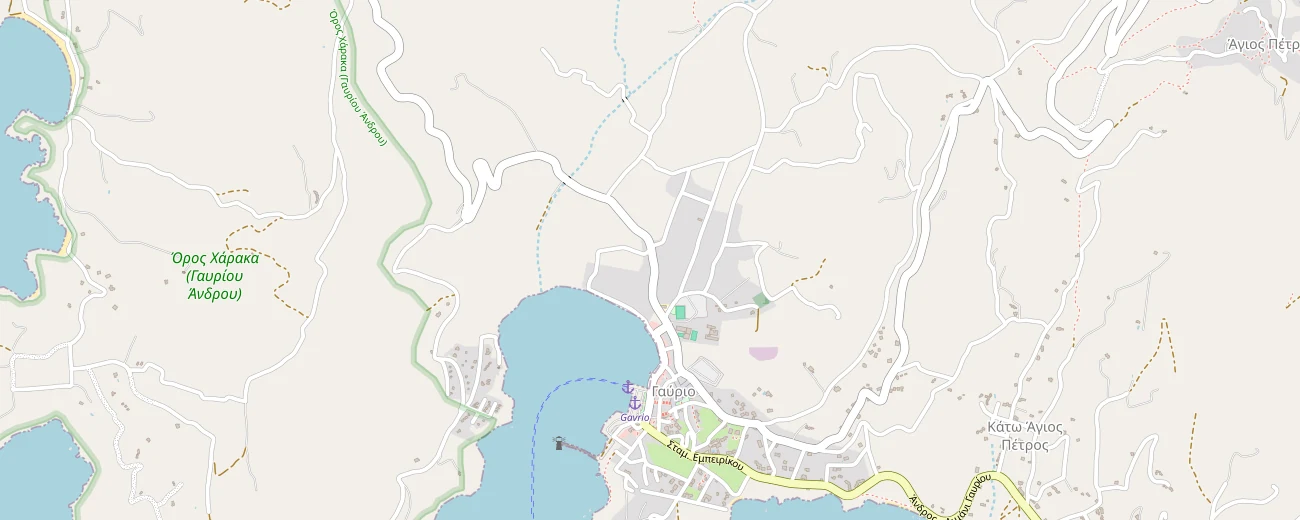 Χάρτης του Γαυρίου στην Άνδρο, με σημάδι στο Discover Andros Rentals δίπλα στο λιμάνι